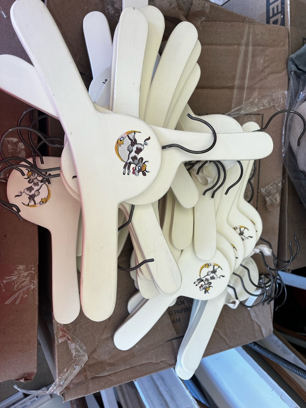 White Wooden Baby Clothes Hangers with Cow Moon Graphic - Lot